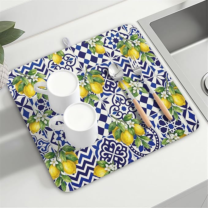 Lemon and Blue Tile Dish Drying Mat 16x18 Inch Absorbent Reversible Mexican