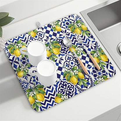 Lemon and Blue Tile Dish Drying Mat 16x18 Inch Absorbent Reversible Mexican