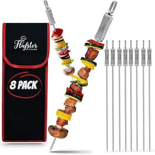 "FLAFSTER KITCHEN BBQ Skewers for Grilling - 16" Stainless Steel Flat Kebab Sticks with Push Bar, Reusable Metal Shish Kabob Skewers, Set of 6"