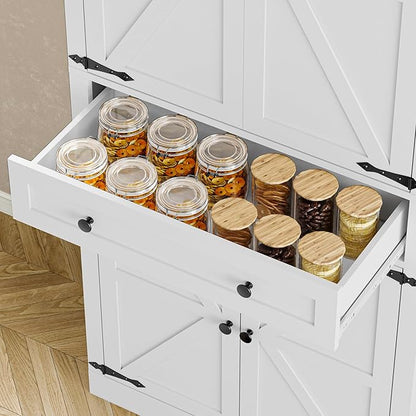 Pantry Organizers and Storage Cabinet, 70” Barn Door White Kitchen Cabinet