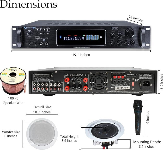 Home Stereo System Kit – 7.2 Channel 2500 W Bluetooth Amplifier w/ 4 Qty of 8”