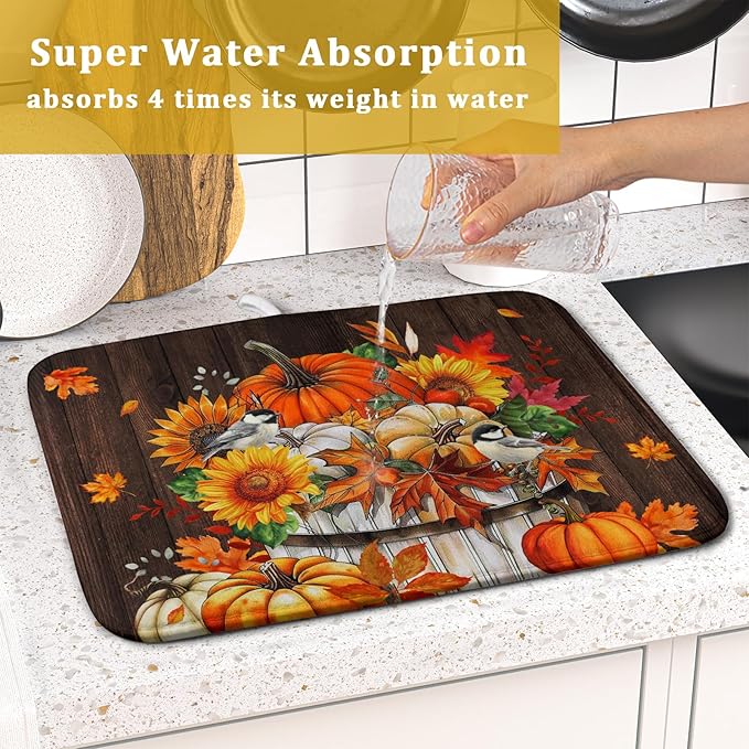 Fall Pumpkin Dish Drying Mat for Kitchen Counter Decor 16x18 Inch Halloween