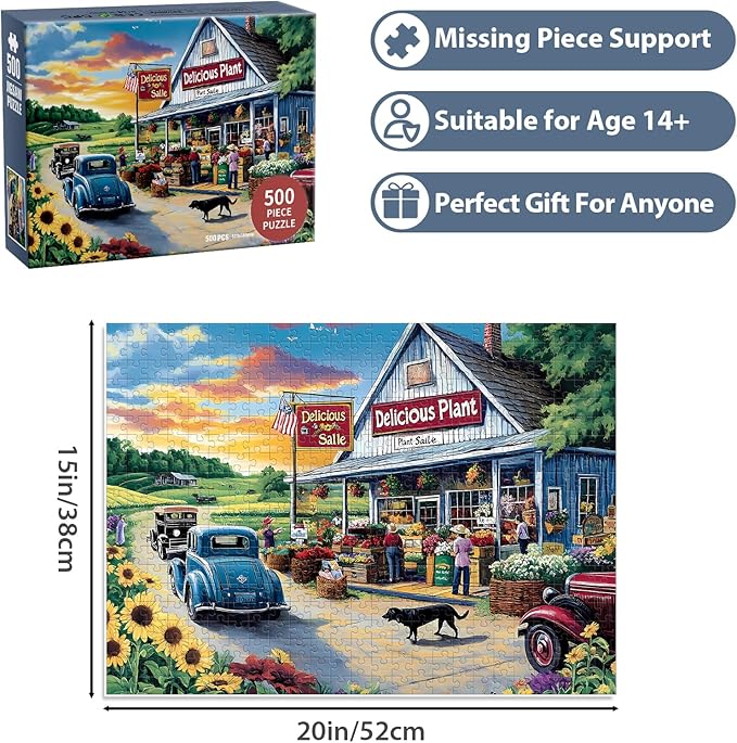 500 Piece Puzzles for Adults, Sunflower Field with Car House & American Flag Jigsaw Puzzles 20.5 x 15 in, Relaxing Country Jigsaw Puzzle, Challenging Puzzle Perfect Game Gift for Holidays & Family Fun