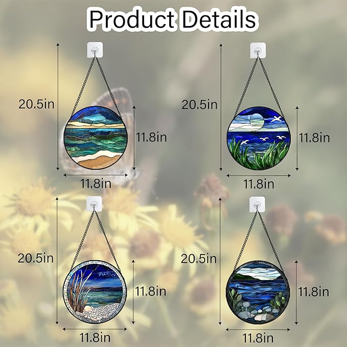 AMDERVEN Stained Glass Window Hanging 4 Pcs Set Navy Blue Ocean Landscape Large