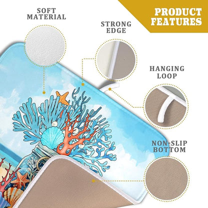 Coastal Coral Dish Drying Mat 16x18 inch Starfish Shell Fast Dry Microfiber