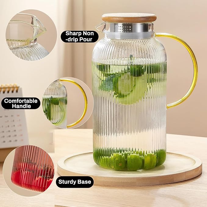 Buaic Glass Pitcher with Lid, 2 PACK 68 oz/2 Liter Vertical Water Pitcher With