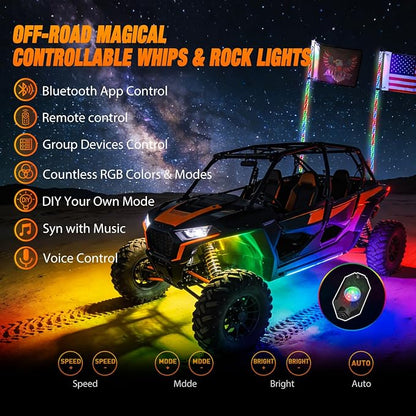 Nilight 2PCS 4FT RGB LED Whip Light with Spring Base and 4 PCS Rock Lights Combo, Remote App Control w/DIY Chasing Patterns Turn Signal Brake Reverse Antenna Lighted Whips for ATV UTV Polaris RZR Jeep