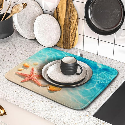Giwawa Coastal Starfish Dish Drying Mat 16"x18" Ocean Blue Sea Coral Seashell