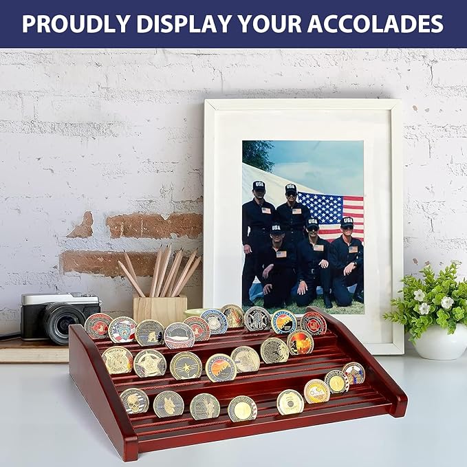 Challenge Coin Holder Display Case - 3 Tiers Solid Wood Military Coin Rack for 80-100 Coins, Army Coin Stand for Desk Display, Mahogany