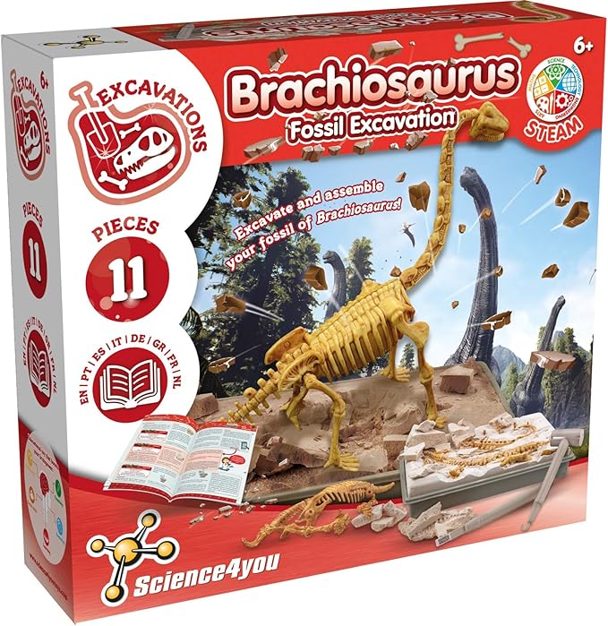 Science4you Brachiosaurus Fossil Digging Kit for Kids - Excavate and Assemble 11 Pieces Dinosaur Fossil, Excavation Dig Kit + Dinosaurs for Kids, Games, Dinosaur Toys for Girls and Boys 6+ Years Old