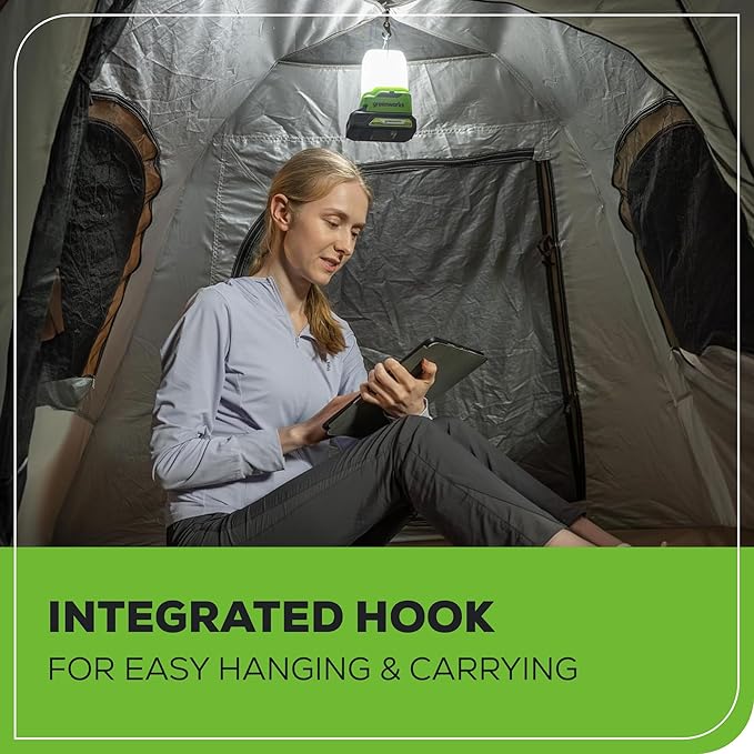 Greenworks 24V Cordless Lantern, Portable 500 Lumens Camping Light with Hook and Two USB Output Ports, 3 Modes, Mini Area Light with 2Ah Battery and Charger