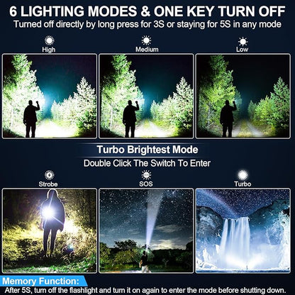 Rechargeable Flashlights High Lumens, Super Bright LED Small Powerful Tactical Flashlight with Memory Function, 6Modes Pocket Waterproof Flash Light for Camping,Emergency
