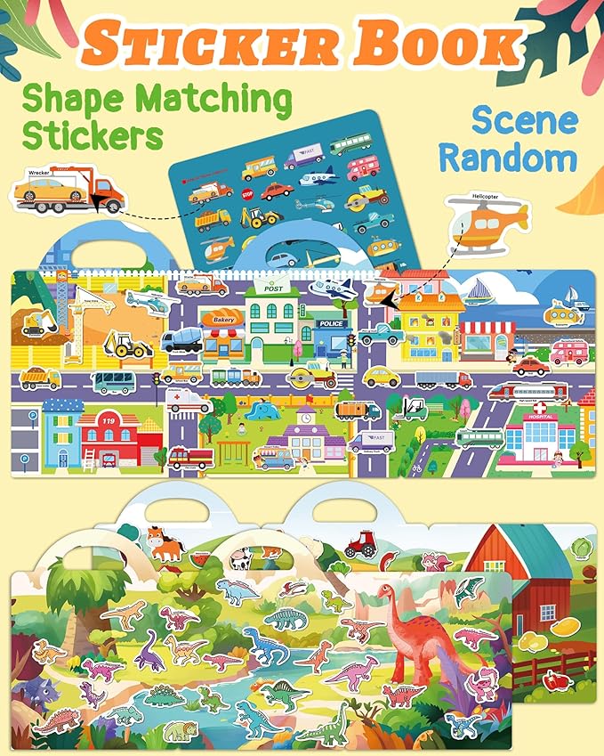 Benresive Reusable Sticker Book for Toddlers 2-4 Years, 3 Sets Travel Stickers for Kids, Waterproof Sticker Books for Toddlers 1-3, Crafts Activities for Todddlers 1-3 2-4 3-5