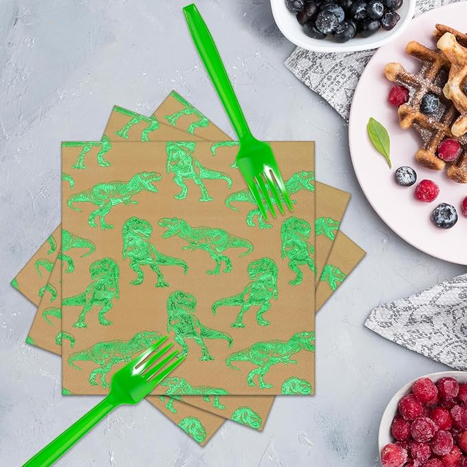 DYLIVeS Green Foil Dinosaur Birthday Party Decorations, Rawr Dinosaur Disposable Tableware Set with 9'' Dinner Plates, Napkins, Cups, Forks - Serves 24