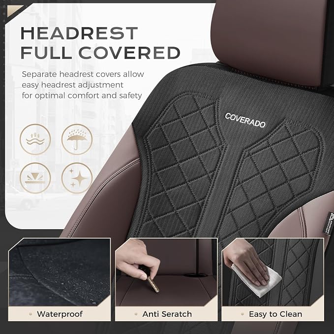 Coverado Seat Covers for Car 5 Seats, Leather Car Seat Covers Fullset, Breathable Mesh Front and Rear Protectors, Coffee Luxury Automotive Covers, Universal Fit for SUV, Truck, Sedan