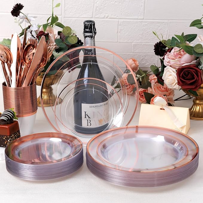 bUCLA 600PCS Clear Rose Gold Plastic Dinnerware Set Disposable - Include 100 Dinner Plates, 100 Dessert Plates, 100 Knives, 100 Forks, 100 Spoons, 100 Cups for Party, Wedding & Mother’s Day
