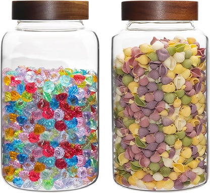 Glass Coffee Jars Spice Jar Round Storage Canister with Wooden Lid Clear Glass Food Jar for Pantry Sugar Tea Coffee Bean Spice Nuts Cookies Bath Salts (2300ml/77oz-2PACK(with spoon)
