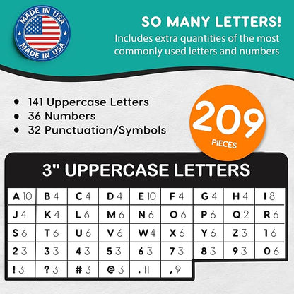 209 Pcs 3" Black Bulletin Board Letters & Numbers, Capital Letters, Numbers, Punctuation, US Made Card Stock Punch Out Letters for Poster, Bulletin Board, Classroom - Precut Letters & Numbers