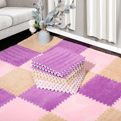 12 Pcs Plush Interlocking Carpet Tiles, Non-Toxic Foam Carpet Tiles for Toddler Baby, Machine-Washable, Anti-Slip, EVA Foam Interlocking Tiles for Floor, Nursery, Playroom, Purple, Light Brown, Pink