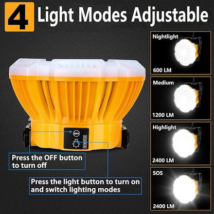 2400LM LED Camping Lantern Light for Dewalt 18V 20V MAX Battery, 3 Adjustable Brightness Cordless Portable LED Work Light Floodlight with Hook for Tent Jobsite Ceiling Light(No Battery)