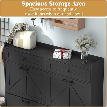 Shoe Cabinet with 4 Flip Drawers & 2 Storage Drawers, Rustic Farmhouse Narrow
