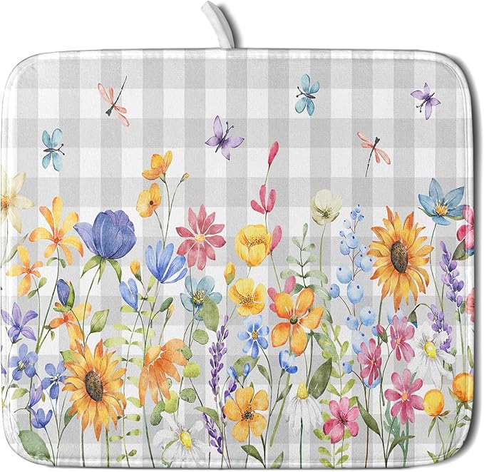 Giwawa Spring Floral Dish Drying Mat, Summer Flower Grey Buffalo Plaids Dish