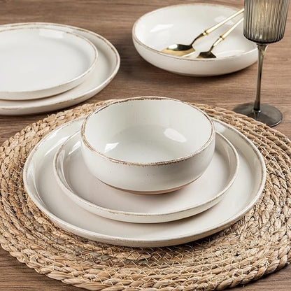 AmorArc 24 Pieces Ceramic Dinnerware Sets for 8, Handpainted Stoneware Plates and Bowls Set with Rustic Terracotta Underside, Scratch Resistant Dishes Set, Dishwasher & Microwave Safe