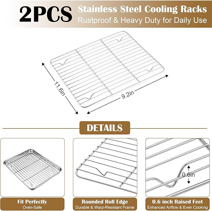 E-far Baking Sheet with Wire Rack, Stainless Steel Cookie Sheets Pan & Cooling