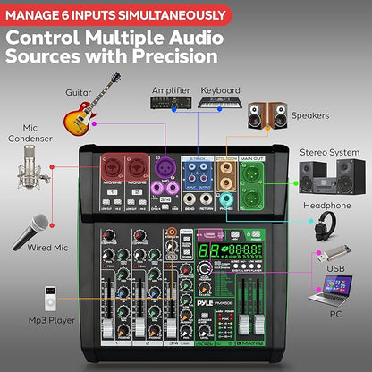 Pyle 6-Channel Audio Mixer, USB Interface, MP3 Compatible, XLR Inputs and LED