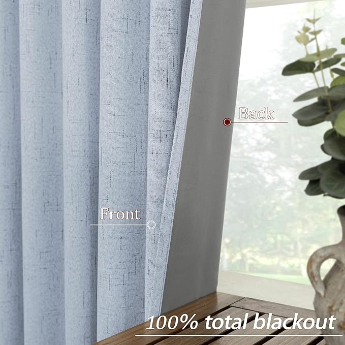 KOUFALL Light Blue Back Tab Linen Blackout Curtains 52x90 Inches Long
