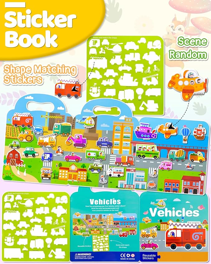Benresive Reusable Sticker Books for Kids 2-4, Sticker Books for Toddlers 1-3 2-4, Toddler Travel Toys Activities Crafts Gifts - Vehicle