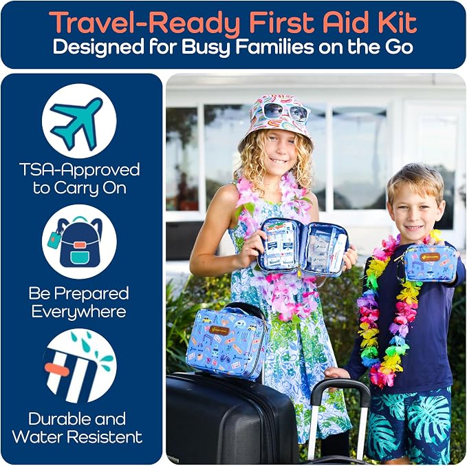Keep Going Travel First Aid Kit for Kids – 130 Pc.for Purse, Diaper Bag, Backpack, & Suitcase, with Latex-Free Bandages – 7 x 5 x 2 in. Travel First Aid Kit TSA-Approved