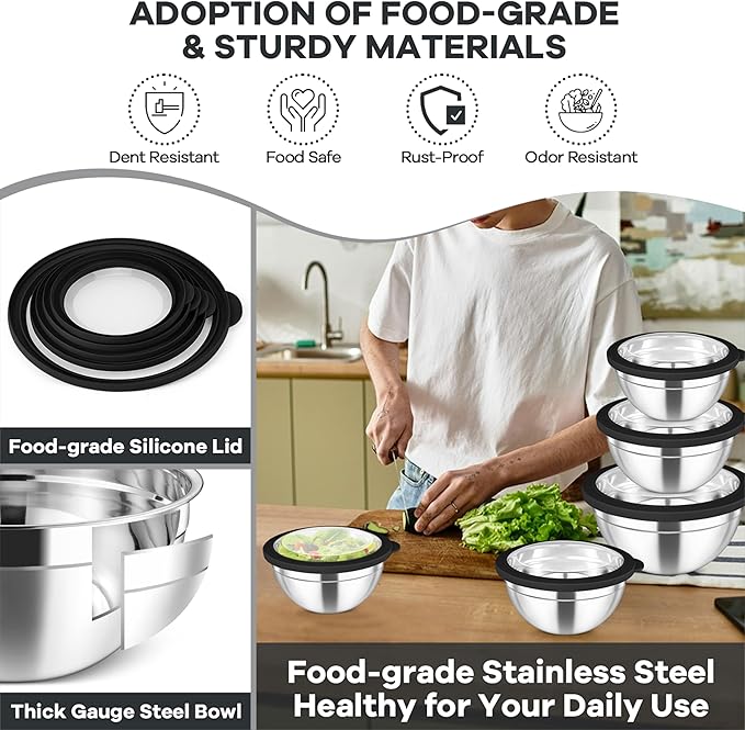 TeamFar Mixing Bowls Set, 4.5/3/1.5/1/0.7 QT Stainless Steel Nesting Salad Bowls