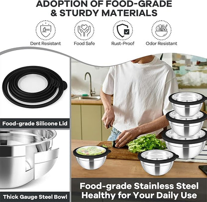 TeamFar Mixing Bowls Set, 4.5/3/1.5/1/0.7 QT Stainless Steel Nesting Salad Bowls