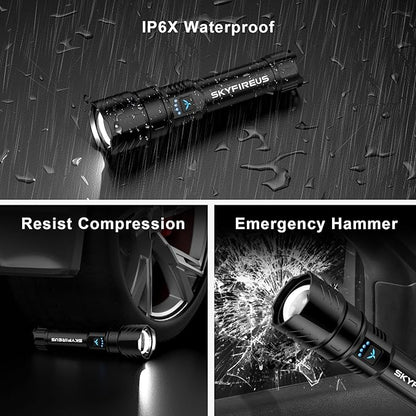 SKYFIRE LED Flashlight High Lumens,2000lm Super Bright Rechargeable Flashlight,Zoomable,Four Modes,Waterproof Flash Light for Camping Essentials,Outdoor and Home Emergencies&Gifts-No Lens