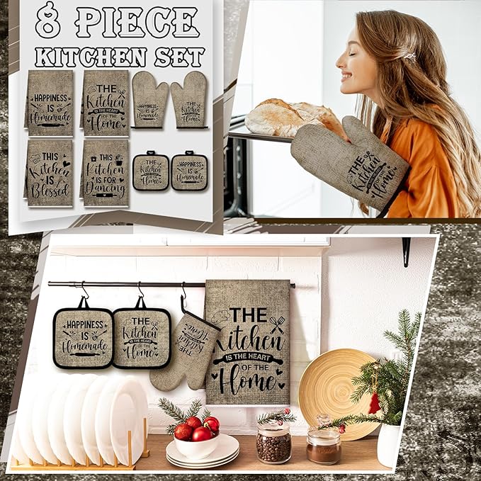 Leinuosen 8 Pcs Kitchen Towels and Oven Mitts Sets Pot Holders Dishcloths Set