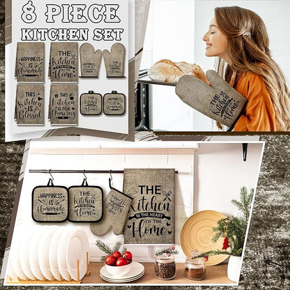 Leinuosen 8 Pcs Kitchen Towels and Oven Mitts Sets Pot Holders Dishcloths Set