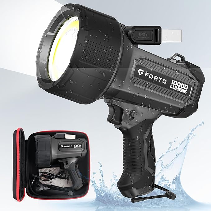 FORTO Rechargeable Spotlight 10000 Lumen Ultra Bright IPX7 Waterproof Flashlight, Boat Spotlight with EVA Carrying Case Tripod, 7 Light Modes Handheld Spotlight Flashlight for Marine Boat Hunting
