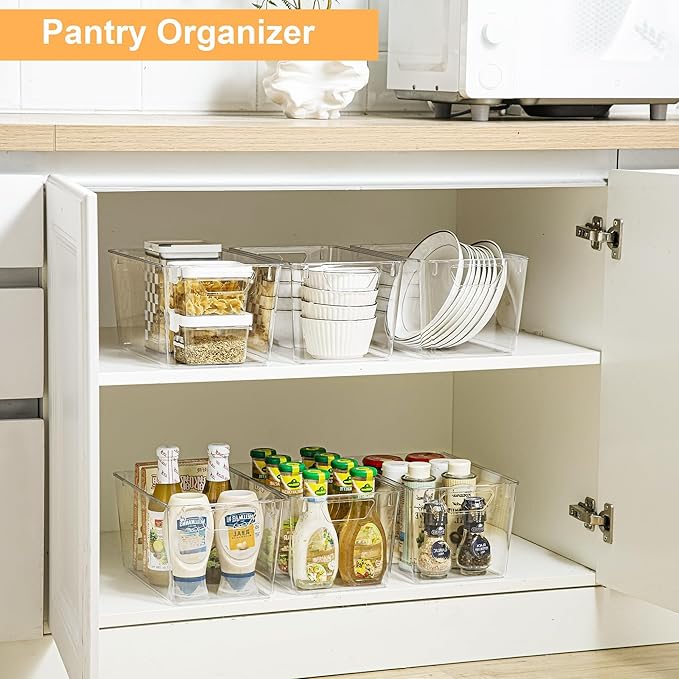 Attelite Clear Plastic Storage Bins,Large 6 Pack Pantry Organizer with Handle,BPA Free Plastic Storage Containers for Fridge,Closet,Bathroom,Under Sink and Kitchen Organization