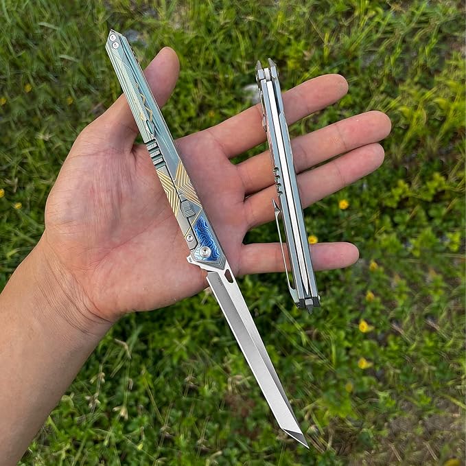 folding knife belt clip, M390 steel blade, outdoor camping knife, portable pocket knife titanium handle lightweight EDC men's pocket knife belt sheath