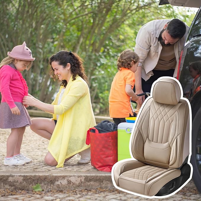 Car Seat Covers Front Seats Beige, Luxury Leather Automotive Seat Covers with Lumbar Support, Waterproof Car Seat Protector Universal Fit for Most Cars Trucks Pick-ups SUVs