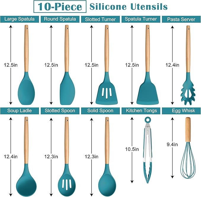 E-far Blue Silicone Cooking Utensils Set, 10-Piece Kitchen Utensils Set