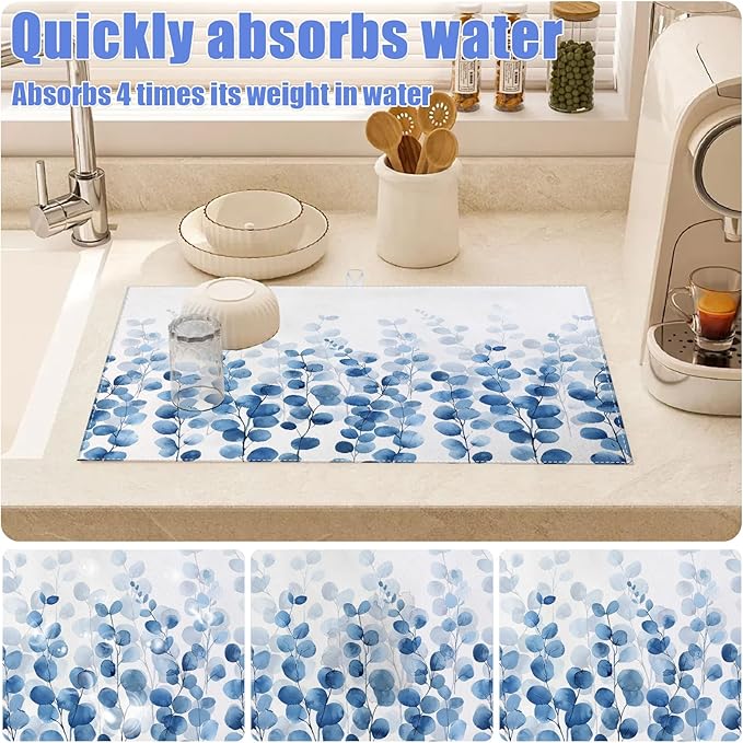 Blue Eucalyptus Leaves Dish Drying Mat