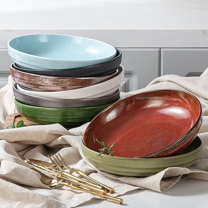 HAPPY KIT Pasta Bowls 42 Oz, Stoneware Reactive Glaze Serving Bowl Set of 4, 9'' Large Salad Bowls for Fruits, Noodle, Dinner, House-warming Wedding Present, Emerald Green