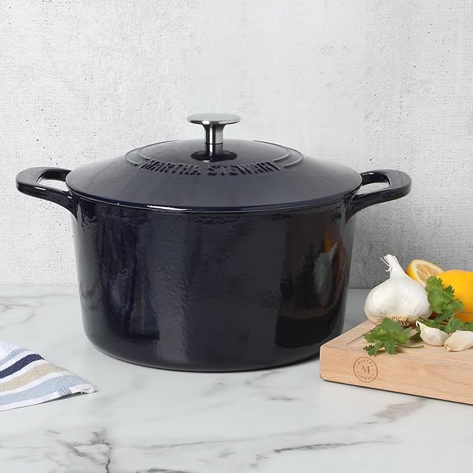 Martha Stewart Gatwick 7 QT Enamel Cast Iron Dutch Oven – Navy Blue, Heavy-Duty