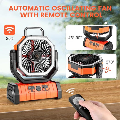 Odoland 30000mAh Camping Fan with LED Lantern, Rechargeable Battery Operated Oscillating with Remote Hook, Portable Tent Fan with Timer, 4 Speeds for Outdoor RV Jobsite Power Outage,Orange