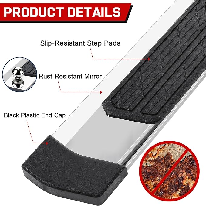 COMNOVA 6 Inch Running Boards Compatible with 2002-2008 Dodge Ram 1500 Quad Cab,2003-2009 Ram 2500 3500 Quad Cab, Non-Slip Plastic Pads Step Bars, Nerf Bars Steps Made with Stainless Steel.