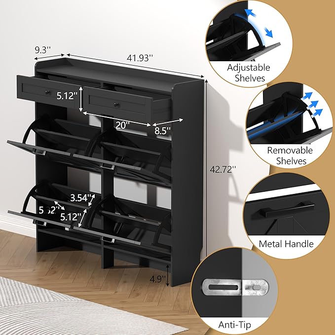 Shoe Cabinet with 4 Flip Drawers & 2 Storage Drawers, Rustic Farmhouse Narrow
