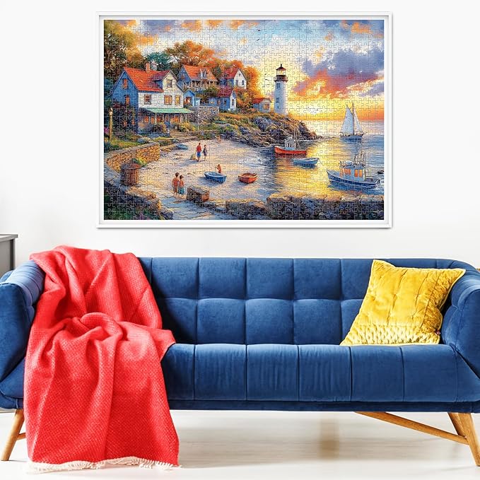 1000 Pieces Puzzles for Adults, Fall Seaside Puzzle, Fishing Village Jigsaw Puzzles 1000 Pieces, Creative Play Holiday Party Gifts Artwork Wall Home Decor, Funny Puzzle for Adults, 28×20 in