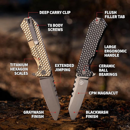Off-Grid Knives - MAMBA V3, Large EDC Knife with MagnaCut Blade Steel, Titanium Scales and Hardware, Manual Ball Bearing Flipper, Four Finger Grip, Deep Pocket Carry (Blackout)